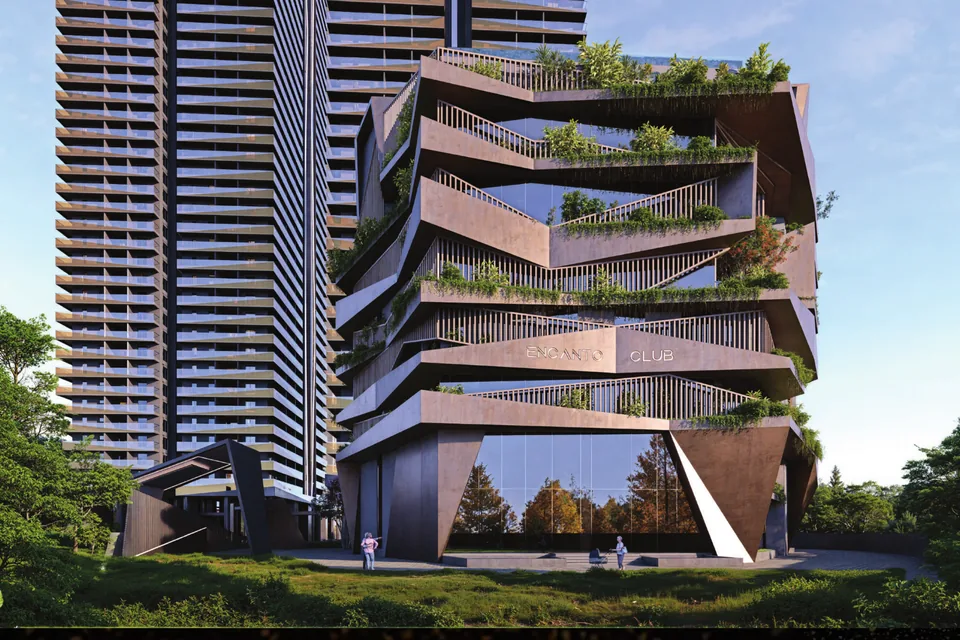 Encanto clubhouse with planted terraces at the base of a residential tower