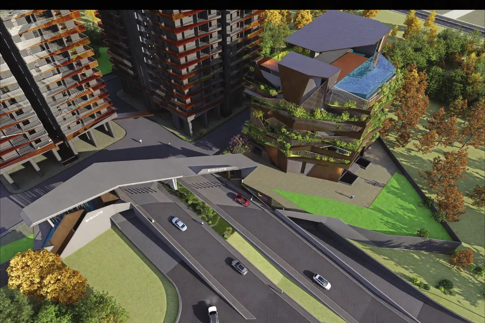 Aerial view of the Encanto podium entrance and basement ramps, Puppalaguda