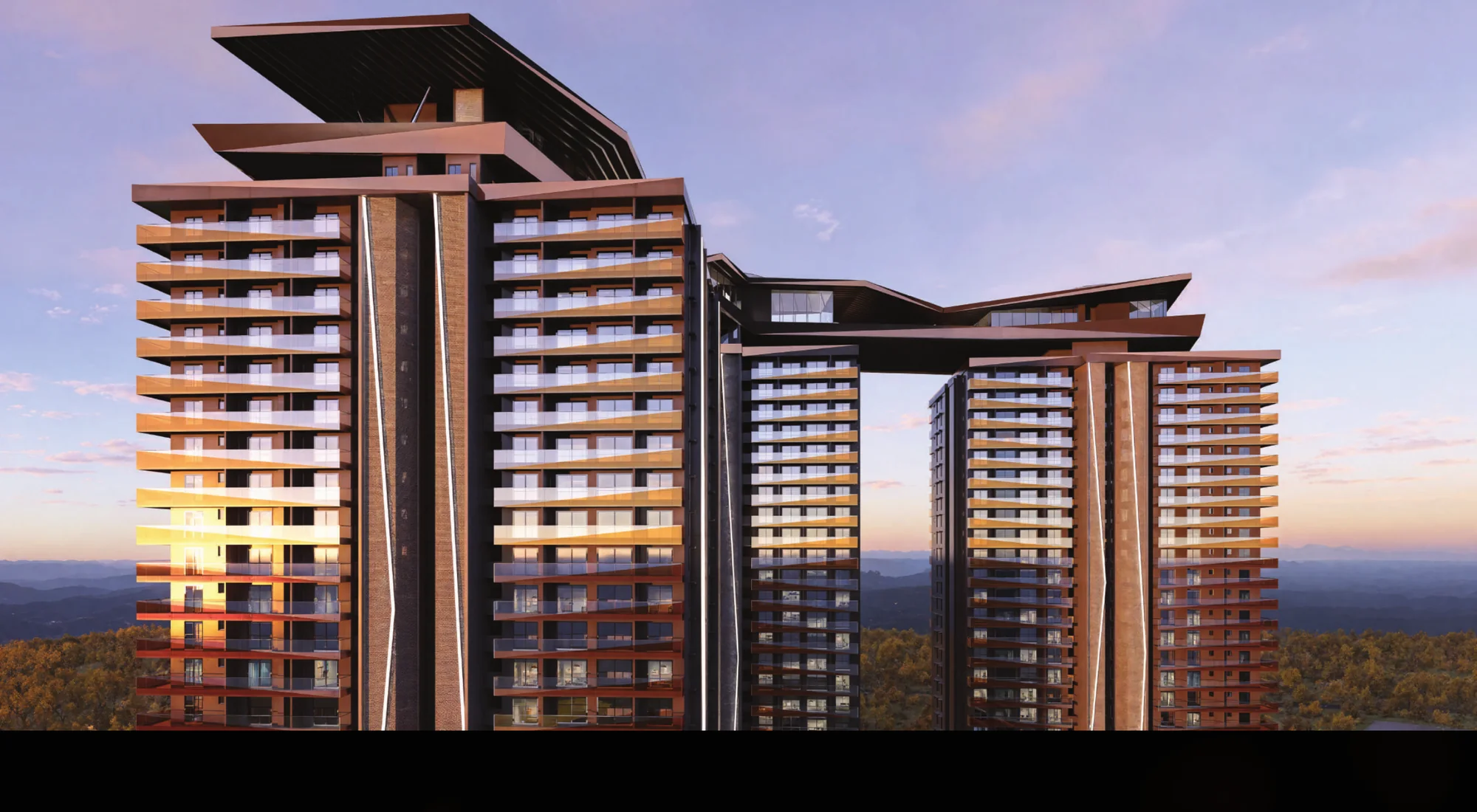 Rooftop skybridge crown connecting the Encanto towers at dusk, home to the city's highest rooftop amenities