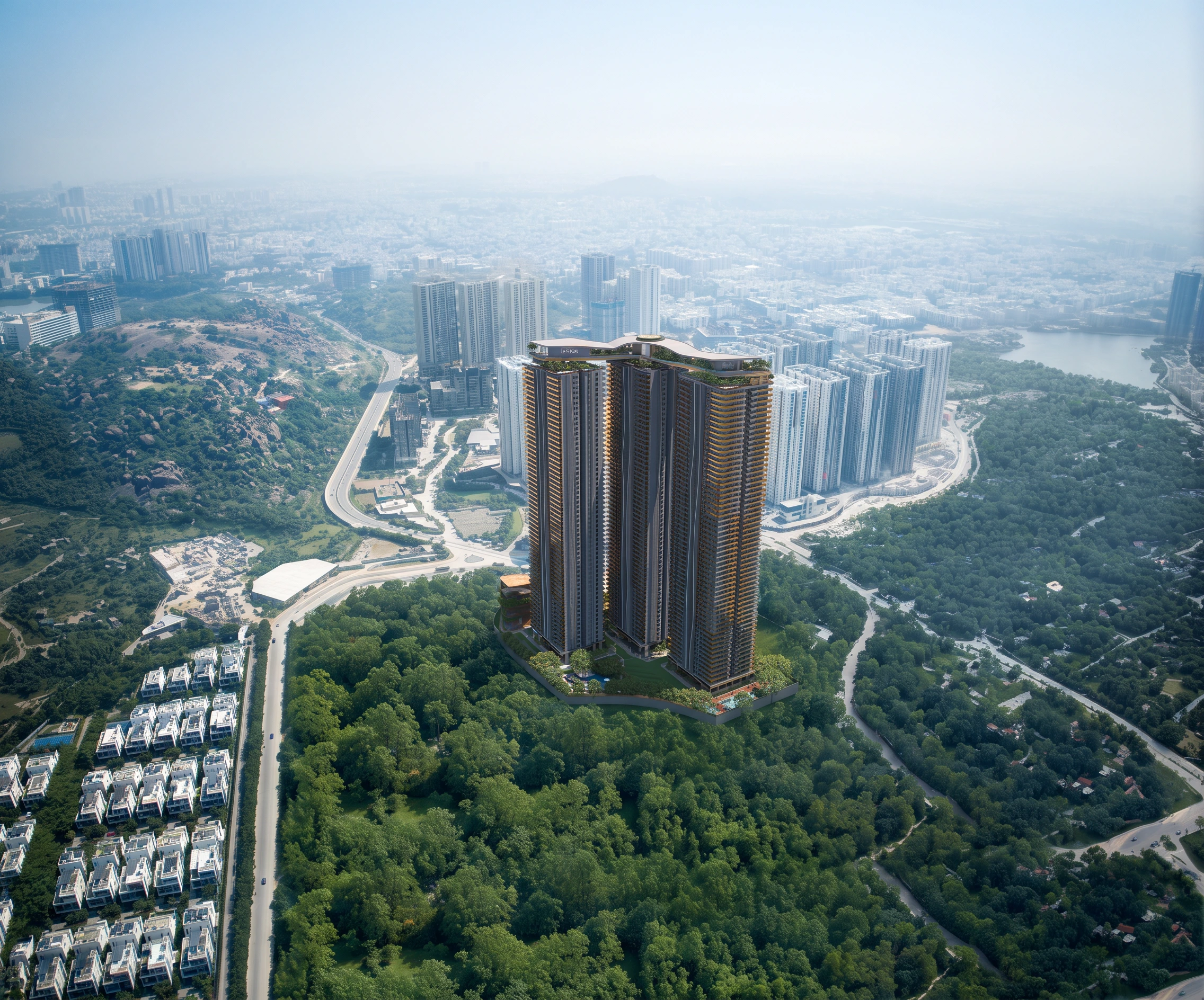 Aerial view of Encanto's three 60-floor towers and skybridge crown, Puppalaguda