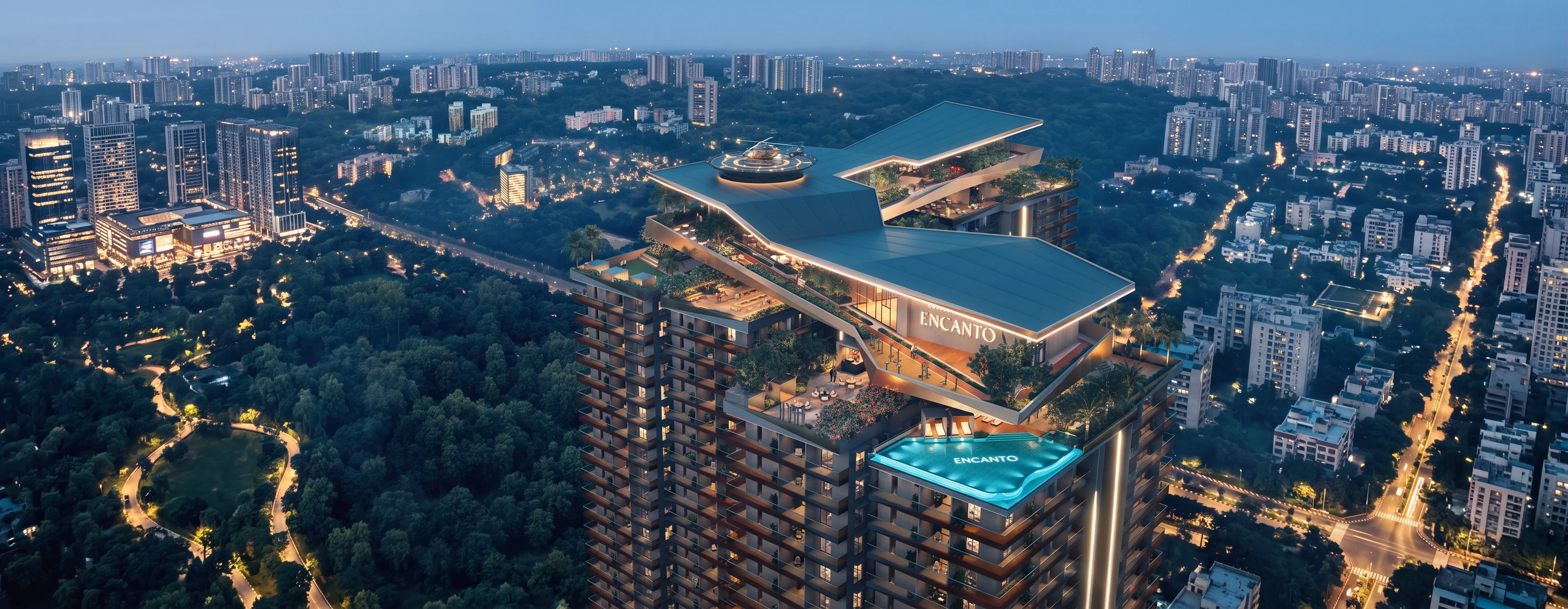 Encanto's floating sky crown lit at night, the rooftop skybridge joining the three towers above Puppalaguda